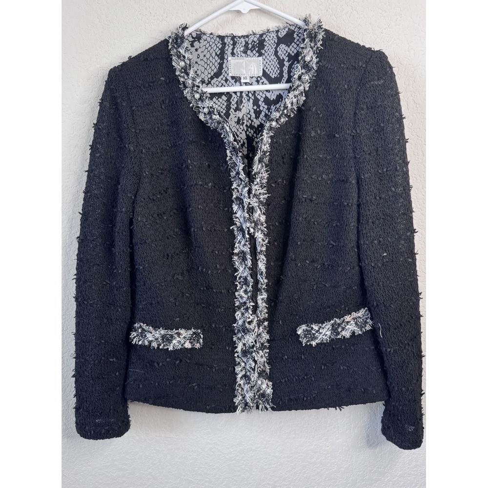 Alberto Makali Textured Tweed Jacket Blazer Black Frayed Trim Beaded Sz 10 Artsy